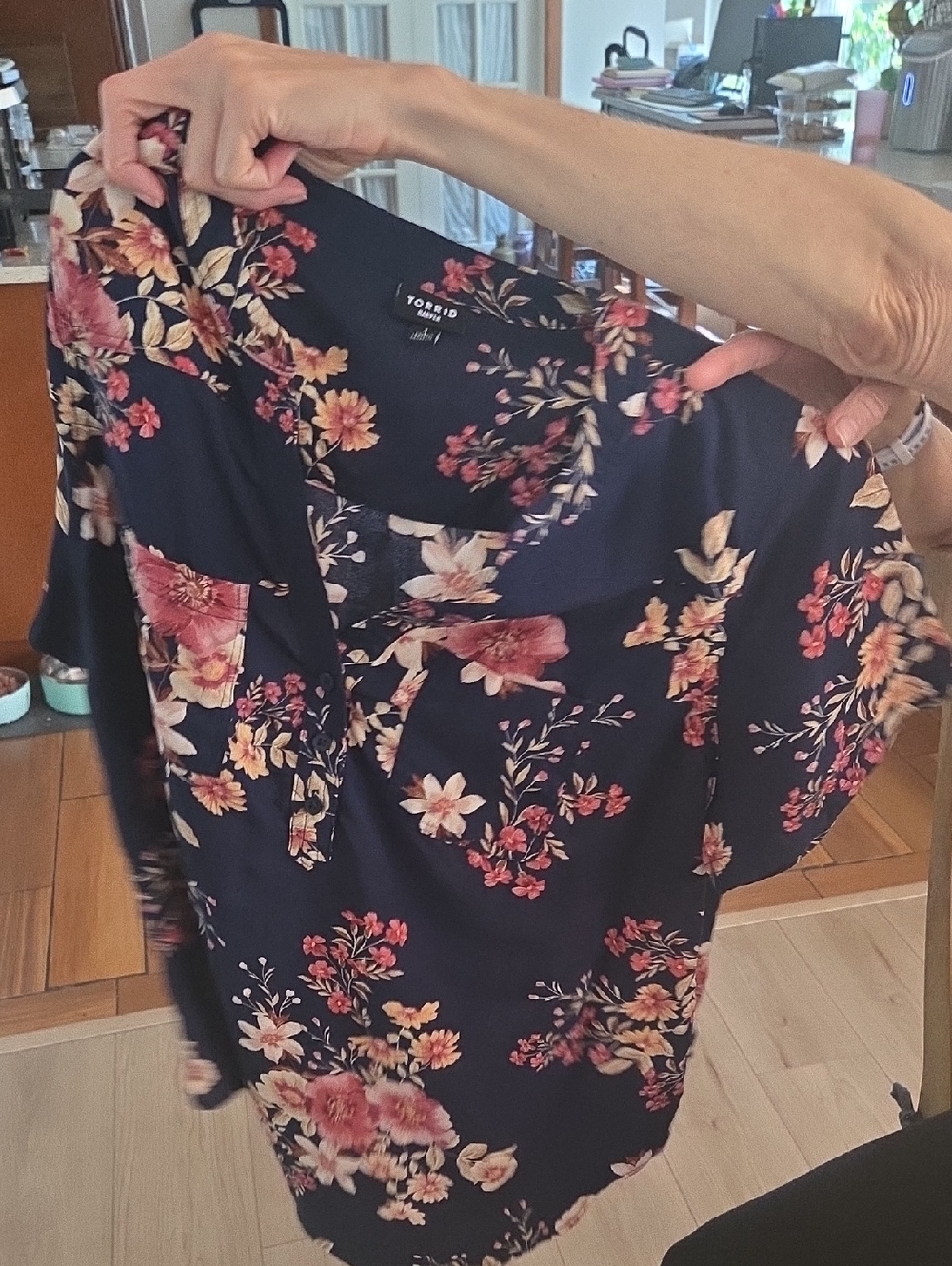 torrid Navy Floral V-Neck Blouse with Pink and Cream Blooms